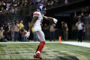 NEW ORLEANS, LA - NOVEMBER 01:  Odell Beckham #13 of the New York Giants celebrates a first quarter touchdown against the New Orleans Saints at the Mercedes-Benz Superdome on November 1, 2015 in New Orleans, Louisiana.  (Photo by Sean Gardner/Getty Images)