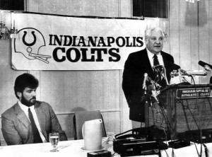 After moving the Colts to Indianapolis, owner Robert Irsay right, at a press conference explained how season and game ticket sales will be handled for this season's Colts games in the Hoosier Dome. (Alex Persons/UPI)