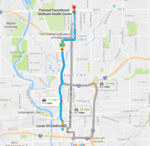 Lucas Oil Stadium to Planned Parenthood Midtown Health Center Google Maps