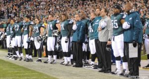 PHILADELPHIA, PA - OCTOBER 30:  The Philadelphia Eagles observe the National Anthem during the game against the Dallas Cowboys at Lincoln Financial Field on October 30, 2011 in Philadelphia, Pennsylvania. The Eagles won 34-7. (Photo by Drew Hallowell/Philadelphia Eagles/Getty Images) *** Local Caption ***