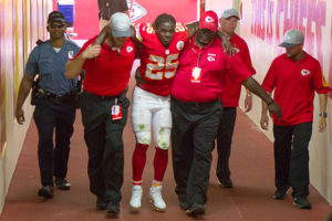 October 11, 2015: Kansas City Chiefs running back Jamaal Charles (25) is brought into the locker room after being injured during the NFL AFC game between the Chicago Bears and the Kansas City Chiefs at Arrowhead Stadium in Kansas City, Missouri