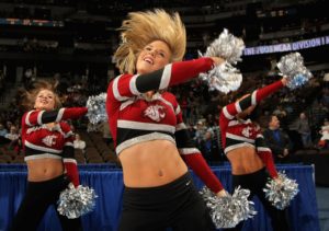 DENVER - MARCH 20:  The Washington St. Cougars cheerleaders perform during the first round game of the East Regional against the Winthrop Eagles as part of the 2008 NCAA Men's Basketball Tournament at Pepsi Center on March 20, 2008 in Denver, Colorado.  The Cougars defeated the Eagles 71-40.  (Photo by Doug Pensinger/Getty Images)