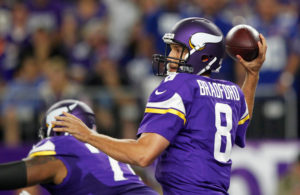 Minnesota Vikings quarterback Sam Bradford throws a pass during the first half of an NFL football game against the New York Giants on Monday, Oct. 3, 2016, in Minneapolis. (AP Photo/Andy Clayton-King)